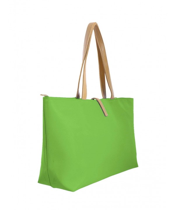 Women Contrast Color Detail Textured Faux Leather Tote w Pouch - Green ...