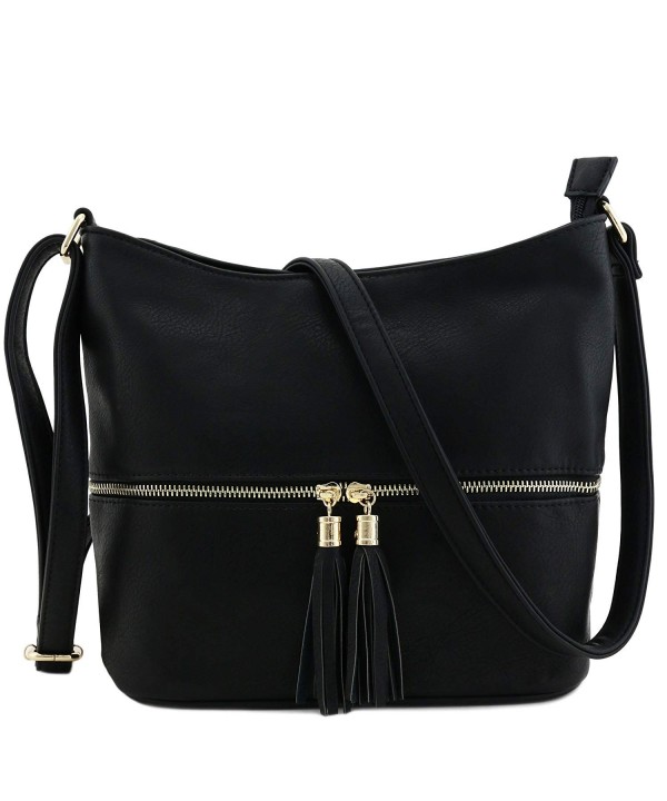 Tassel Zipper Bucket Crossbody Black