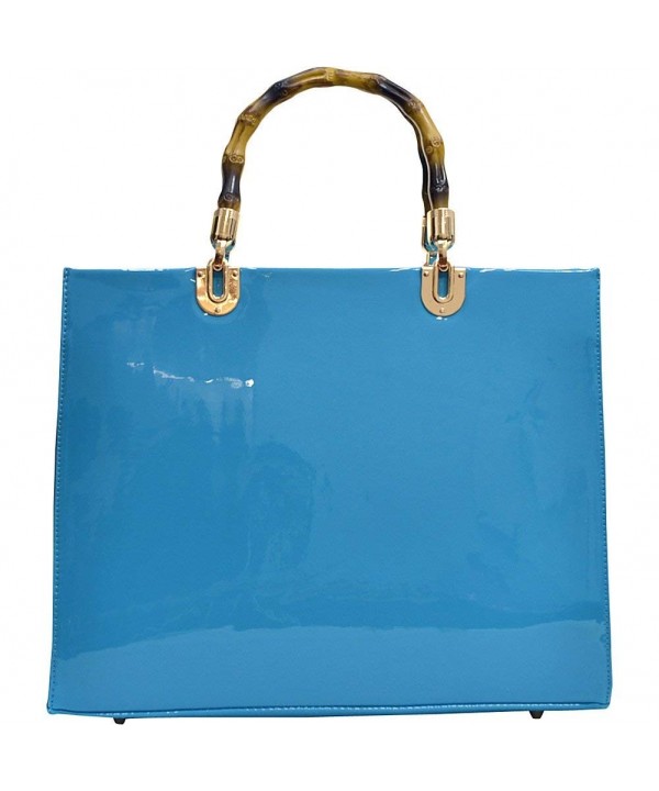 Wooden Handle Patent Leather Satchel - Blue - CK120F92DJN