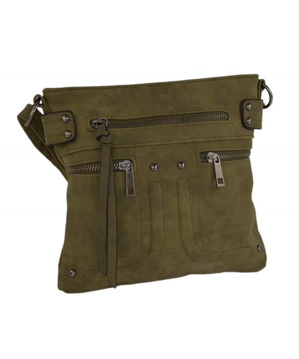 Olive Leather Zippered Messenger Crossbody