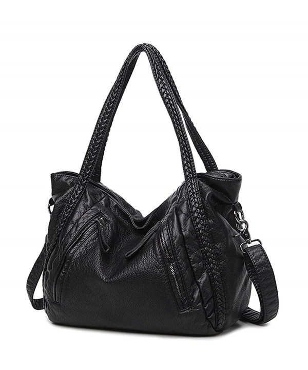 Black Large Slouchy Soft Leather Women Handbag Braided Shoulder Tote ...