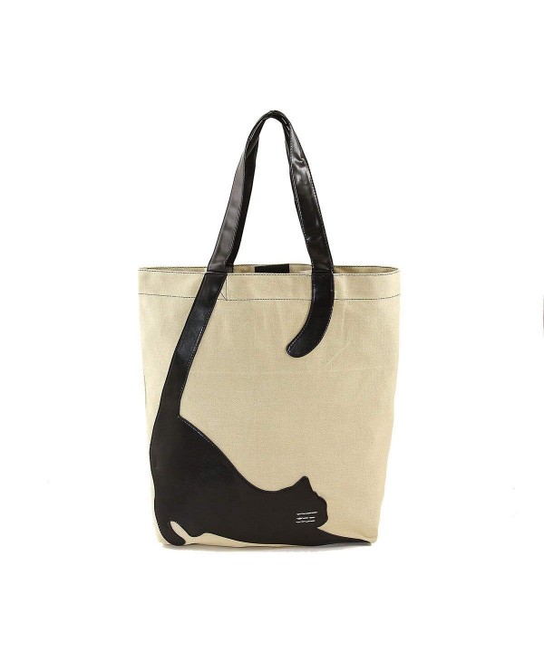 Stretching Cat Silhouette On Canvas Tote Bag - Beige - CK124DVK8VT