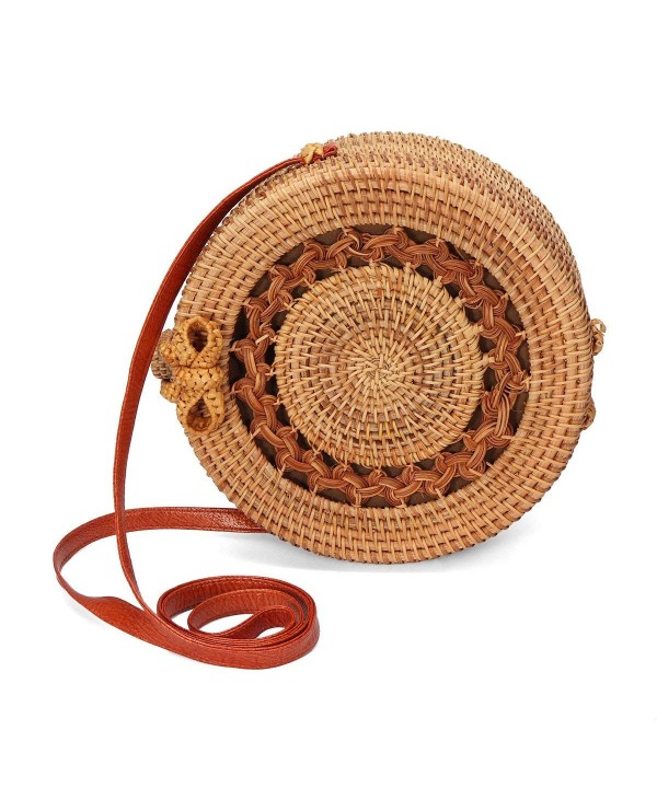 Handwoven Round Rattan Bag Straw Bag Shoulder Leather Straps Natural Chic Handbag Shoulder Beach ...