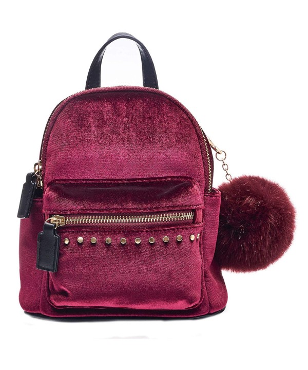 Ultra Soft Velvet w Pom Pom Mini Backpack Shoulder Handbag - Wine ...